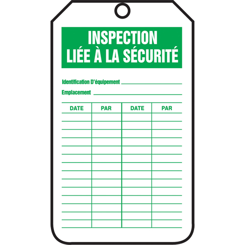 &eacute;tiquettes de s&eacute;curit&eacute; d'inspection et de contr&ocirc;le de l'&eacute;tat de l'&eacute;quipement, Papier cartonn&eacute;, 3-1/8" la x 5-7/8" h, Français Pathway Supply LP