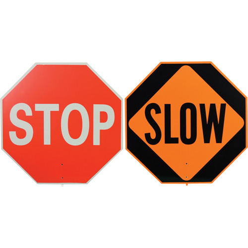 Double-Sided "Stop/Slow" Traffic Control Sign, 18" x 18", Plastic, English with Pictogram Pathway Supply LP