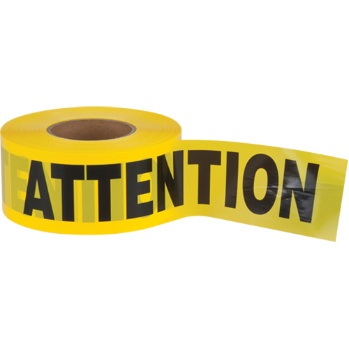 "Attention" Barricade Tape, Bilingual, 3" W x 1000' L, 1.5 mils, Black on Yellow Pathway Supply LP