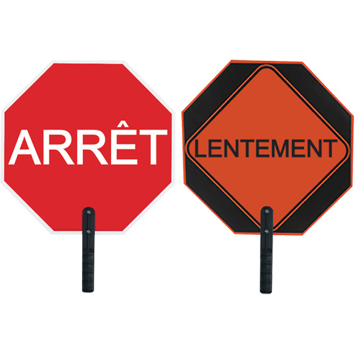 Double-Sided "Arr&ecirc;t/Lentement" Traffic Control Sign, 18" x 18", Aluminum, French with Pictogram Pathway Supply LP