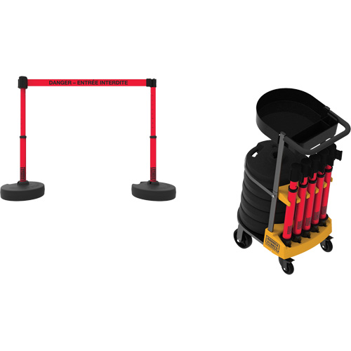 Syst&egrave;me de barri&egrave;re &agrave; chariot portatif avec plateau Plus, 75' lo, M&eacute;tal/Plastique, Rouge Pathway Supply LP