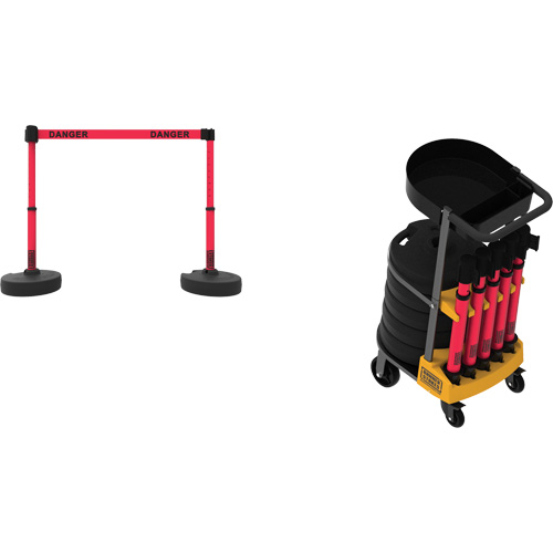 Syst&egrave;me de barri&egrave;re &agrave; chariot portatif avec plateau Plus, 75' lo, M&eacute;tal/Plastique, Rouge Pathway Supply LP