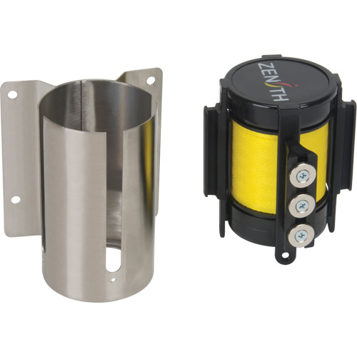 Barri&egrave;re &agrave; fixation murale avec ruban magn&eacute;tique, Acier, Fixation par vis, 12', Ruban Jaune Pathway Supply LP