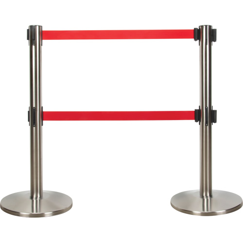 Dual Belt Crowd Control Barrier, Steel, 35" H, Red Tape, 7' Tape Length Pathway Supply LP