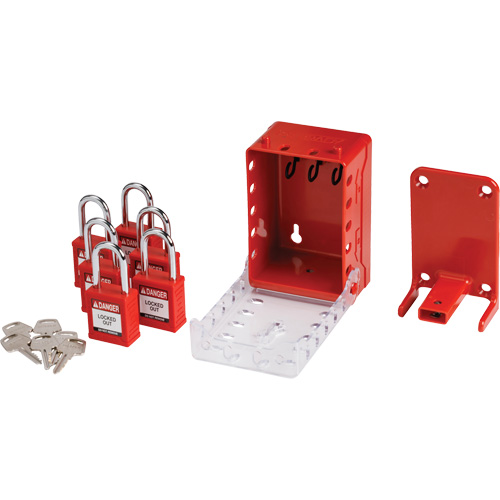 Boîte de cadenassage de groupe ultra compacte avec cadenas de s&eacute;curit&eacute; en nylon, Rouge Pathway Supply LP