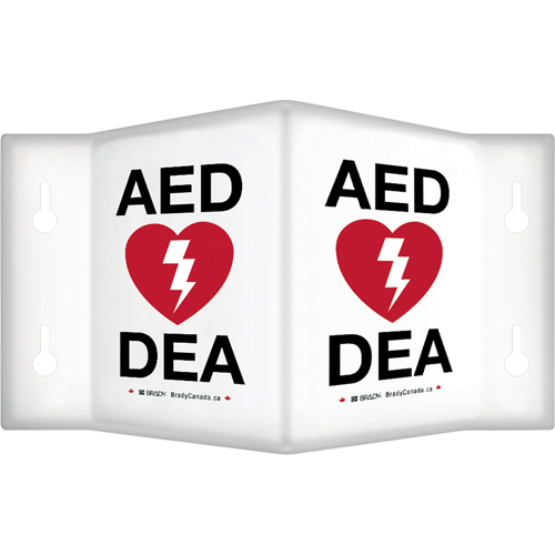 Enseigne &agrave; projection sur 90°  AED/ DEA , 6" x 5", Plastique, Bilingue avec pictogramme Pathway Supply LP