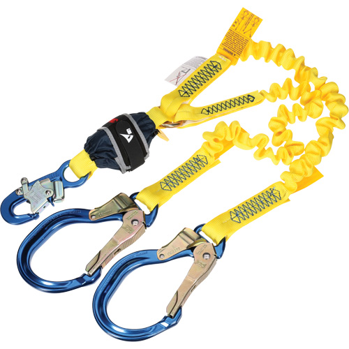 Twin-Leg Stretch Web Shock-Absorbing Lanyard, 6', Rebar Hook Center, Snap Hook Leg Ends Pathway Supply LP