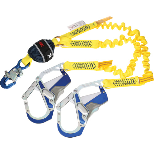 Twin-Leg Stretch Web Shock-Absorbing Lanyard, 6', Rebar Hook Center, Snap Hook Leg Ends Pathway Supply LP