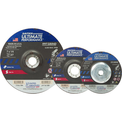 Saitech Ultimate Performance Grinding Wheel, 4-1/2" x 1/4", 7/8" Arbor, Aluminum Oxide/Ceramic, Type 27 Pathway Supply LP