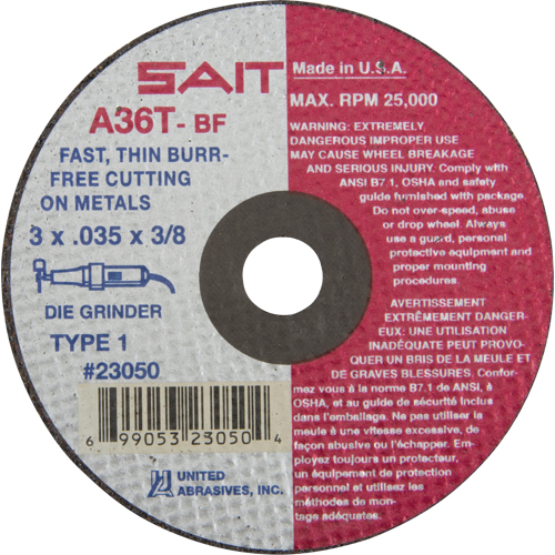 Cut-Off Wheel (A36T), 3" x 0.035", 3/8" Arbor, Type 27, Aluminum Oxide, 25000 RPM Pathway Supply LP