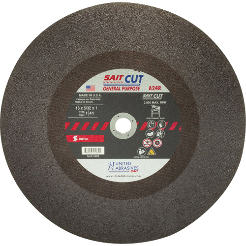 Cut-Off WHEEL A24R, 16" x 5/32", 1" Arbor, Type 1, Aluminum Oxide, 3800 RPM Pathway Supply LP