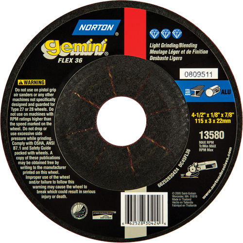 Gemini&reg; Flexible Mini Disc Depressed Centre Wheel, 4-1/2" x 1/8", 7/8" Arbor, Aluminum Oxide, Type 27 Pathway Supply LP