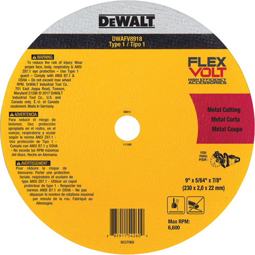 FlexVolt&reg; Metal Cut-Off Wheel, 9-1/16" x 0.078", 22.23 mm Arbor, Ceramic, Type 1 Pathway Supply LP