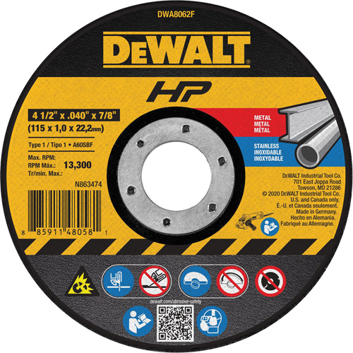 HP Metal Cut-Off Wheel, 4-1/2" x 0.04", 7/8" Arbor, Type 1, Aluminum Oxide, 13300 RPM Pathway Supply LP
