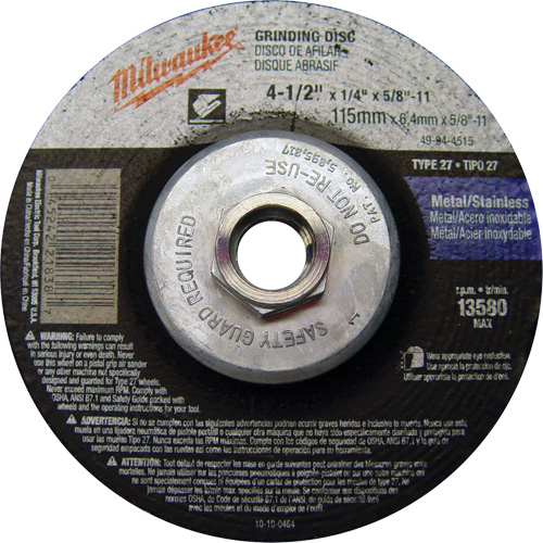 Meule, 4-1/2" x 1/4", Arbre 5/8"-11, Oxyde d'aluminium, Type 27 Pathway Supply LP