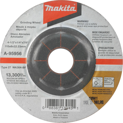 INOX Grinding Wheel, 4-1/2" x 1/4", 7/8" Arbor, Aluminum Oxide, Type 27 Pathway Supply LP