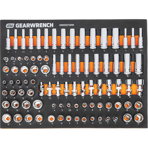 Jeu d'outils m&eacute;triques pour m&eacute;canicien MEGAMOD dans des plateaux en mousse modulaire avec armoire roulante &agrave; outils, 358 morcea Pathway Supply LP