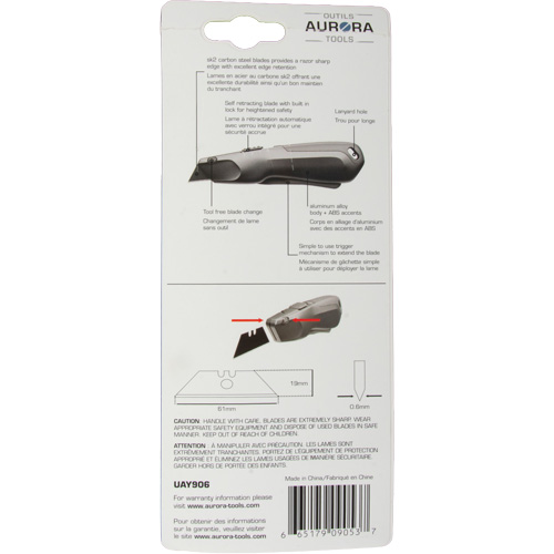Couteau de s&eacute;curit&eacute; r&eacute;tractable , Acier inoxydable, Robuste, Prise en Plastique/Aluminium Pathway Supply LP