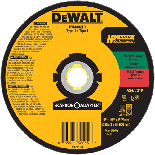 Meule &agrave; tronçonner haute performance pour scies circulaires, 14" x Arbre de 1/8", Oxyde d'aluminium Pathway Supply LP