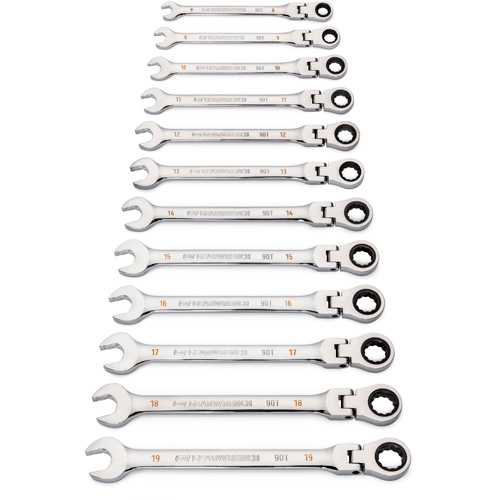 Jeu de cl&eacute;s &agrave; 12 pans et 90 dents, T&ecirc;te articul&eacute;e/Combinaison &agrave; cliquet, 12 morceaux, M&eacute;trique Pathway Supply LP
