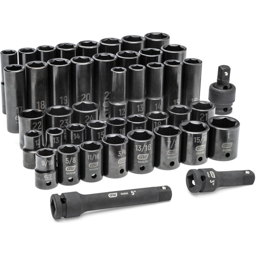 6 Point SAE/Metric Socket Set, 44 Pcs, Impact, 1/2" Drive Size, Deep Pathway Supply LP