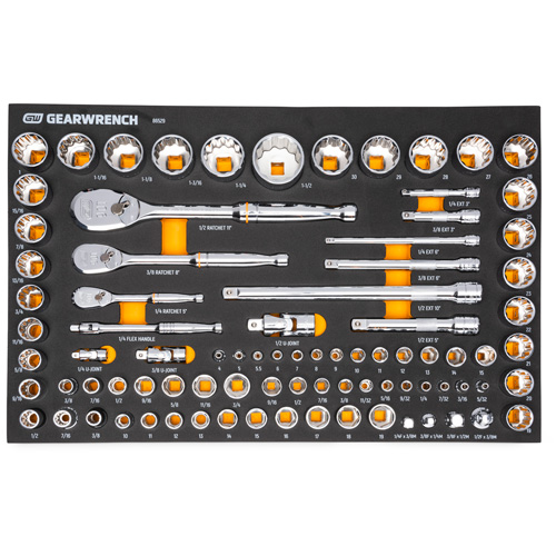Jeu d'outils SAE/m&eacute;triques pour m&eacute;canicien &agrave; 90 dents 1/4", 3/8" & 1/2" avec plateau de rangement en mousse Pathway Supply LP