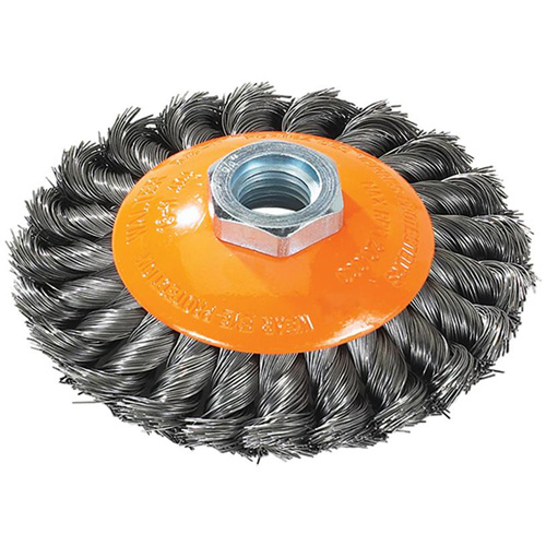 Knot-Twisted Saucer Cup Wire Wheel, 7" Dia., 0.02" Fill, 5/8"-11 Arbor, Steel Pathway Supply LP