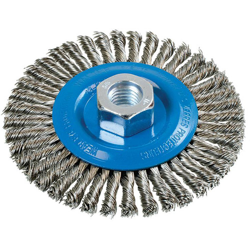 Stringer Bead Knotted Wire Brush, 4-1/2" Dia., 0.02" Fill, 5/8"-11 Arbor, Aluminum/Stainless Steel Pathway Supply LP