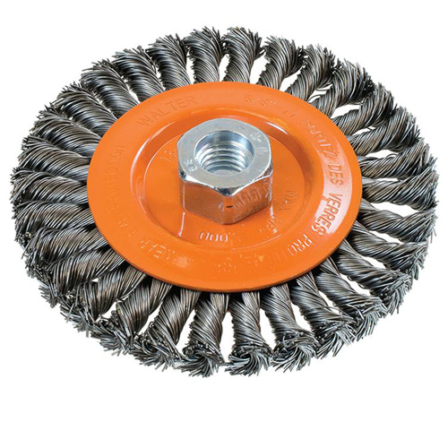 Wide Knotted Wire Wheel Brush, 5" Dia., 0.02" Fill, 5/8"-11 Arbor, Steel Pathway Supply LP