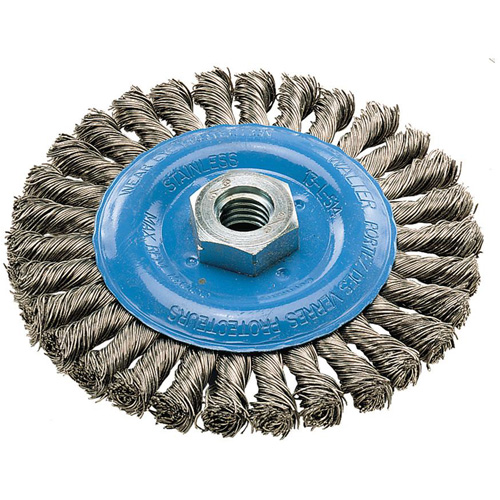 Wide Knotted Wire Wheel Brush, 5" Dia., 0.02" Fill, 5/8"-11 Arbor, Aluminum/Stainless Steel Pathway Supply LP