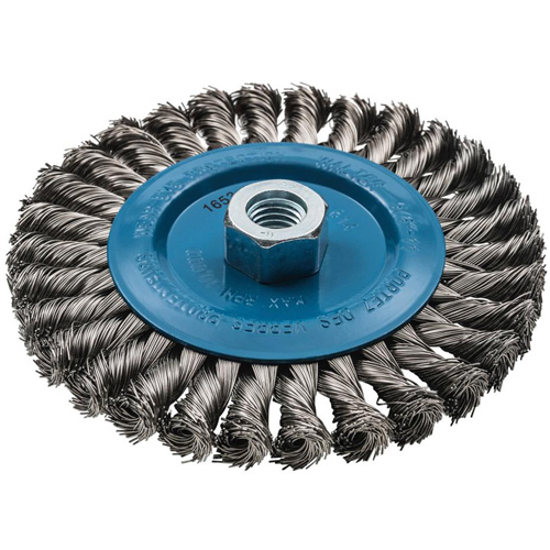 Wide Knotted Wire Wheel Brush, 6" Dia., 0.02" Fill, 5/8"-11 Arbor, Aluminum/Stainless Steel Pathway Supply LP