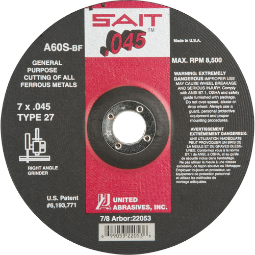 Depressed Center Cut-Off Wheel, 7" x 0.045", 7/8" Arbor, Type 27, Aluminum Oxide, 8500 RPM Pathway Supply LP