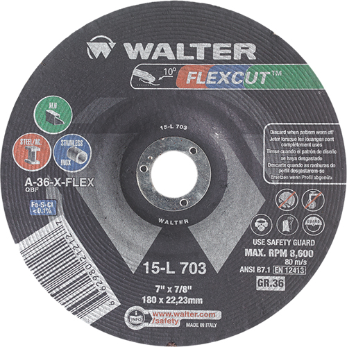 Flexcut Depressed Centre Grinding Wheels, 7", 36 Grit, Aluminum Oxide, 7/8", 8600 RPM, Type 29 Pathway Supply LP