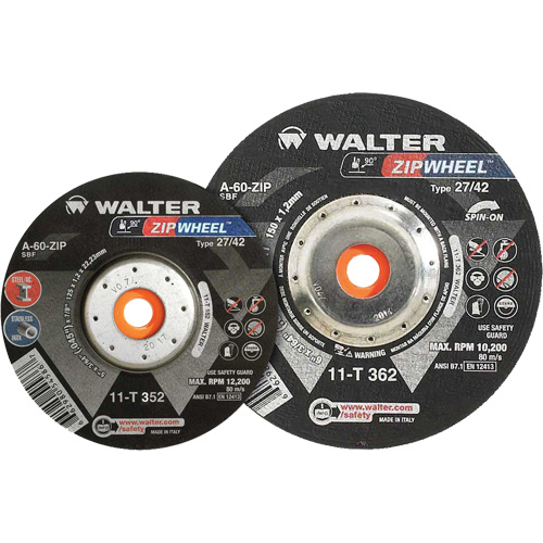 Spin-On Zipcut Right Angle Grinder Reinforced Cut-Off Wheels, 5" x 7/8", 5/8"-11 Arbor, Type 27, Aluminum Oxide, 12200 RPM Pathway Supply LP