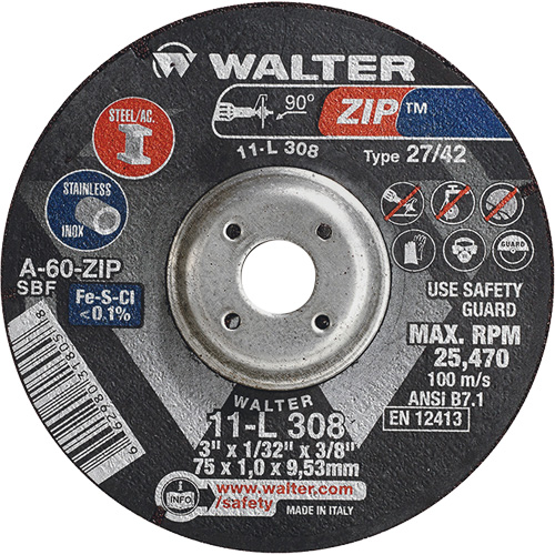 Zip Cutting and Grinding Wheel, 3" x 1/13", 3/8" Arbor, Type 27, 60 Grit, Aluminum Oxide Pathway Supply LP