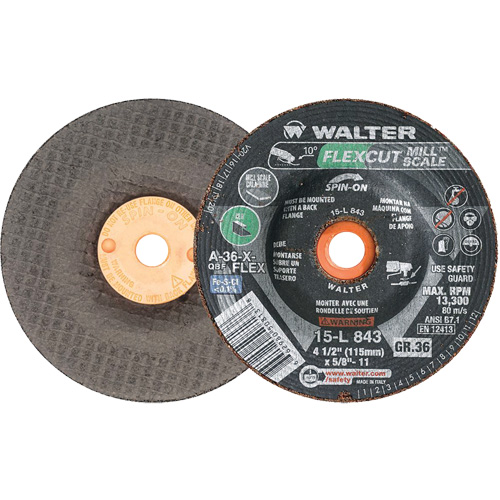 FLEXCUT MILL SCALE Grinding Wheel, 4-1/2", 36 Grit, Aluminum Oxide, 5/8"-11, 13300 RPM, Type 29 Pathway Supply LP