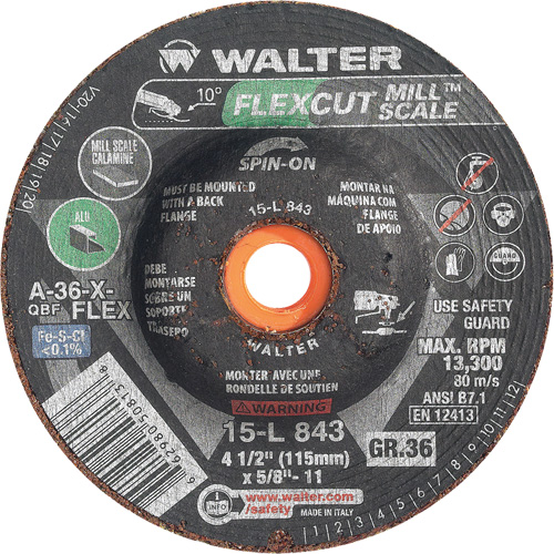 FLEXCUT MILL SCALE Grinding Wheel, 4-1/2", 36 Grit, Aluminum Oxide, 5/8"-11, 13300 RPM, Type 29 Pathway Supply LP