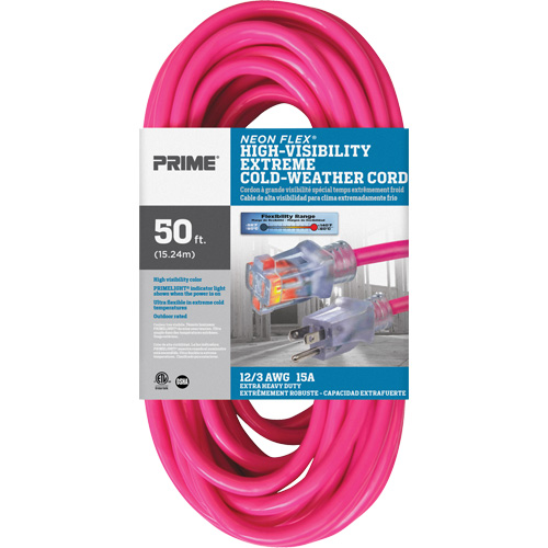 Cordon rallonge haute visibilit&eacute; Neon Flex, Ext&eacute;rieur, SJTW, AWG 12/3, 15 A, 50' Pathway Supply LP