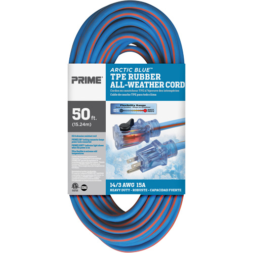 Cordon rallonge Arctic Blue, Toutes saisons, SJEOW, AWG 14/3, 15 A, 50' Pathway Supply LP