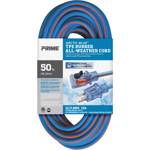 Cordon rallonge verrouillable toute saison en caoutchouc TPE Arctic Blue, Toutes saisons, SJEOW, AWG 12/3, 15 A, 50' Pathway Supply LP