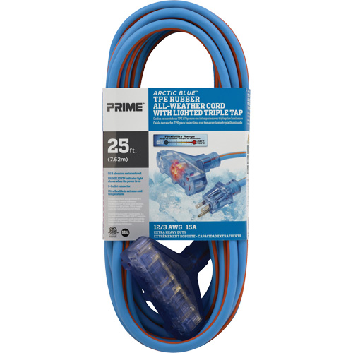 Cordons rallonges en caoutchouc TPE Arctic Blue, Toutes saisons, SJEOW, AWG 12/3, 15 A, 3 prise(s), 25' Pathway Supply LP