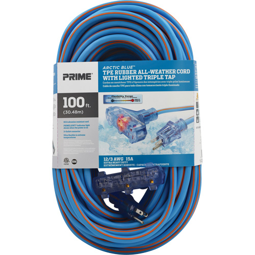 Cordons rallonges en caoutchouc TPE Arctic Blue, Toutes saisons, SJEOW, AWG 12/3, 15 A, 3 prise(s), 100' Pathway Supply LP
