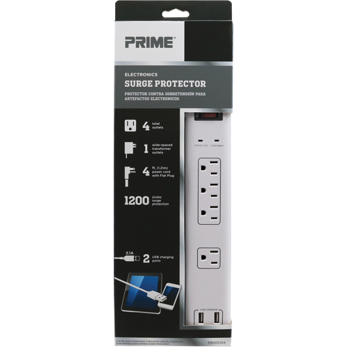 USB Charging Surge Protectors, 4 Outlets, 1200 J, 1875 W, 4' Cord Pathway Supply LP