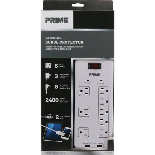 USB Charging Surge Protectors, 8 Outlets, 2400 J, 1875 W, 6' Cord Pathway Supply LP