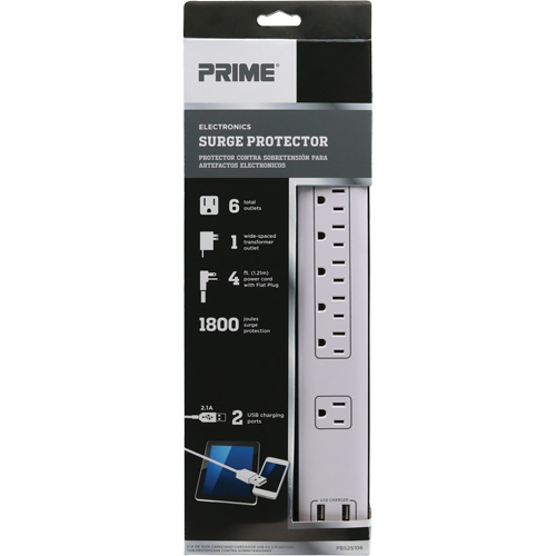 Limiteurs de surtension avec chargeur USB, 6 Prises, 1800 J, 1875 W, Cordon 4' Pathway Supply LP