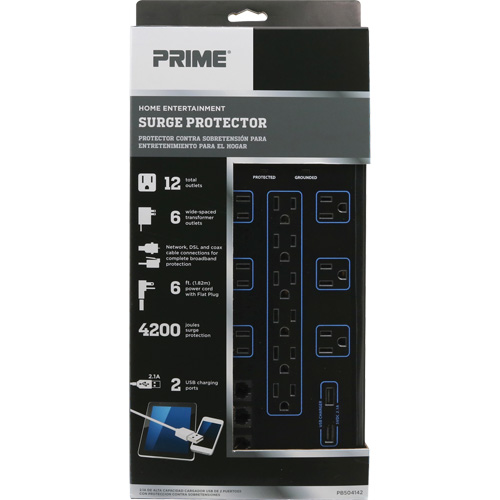 Limiteurs de surtension avec chargeur USB, 12 Prises, 4200 J, 1875 W, Cordon 6' Pathway Supply LP