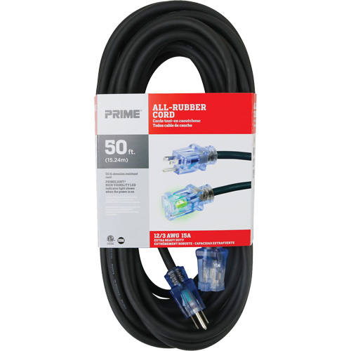 Cordon rallonge All-Rubber, Ext&eacute;rieur, SJOOW, AWG 12/3, 15 A, 50' Pathway Supply LP
