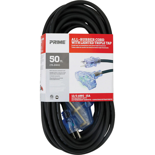 Cordon rallonge All-Rubber, Ext&eacute;rieur, SJOOW, AWG 12/3, 15 A, 3 prise(s), 50' Pathway Supply LP