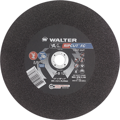 Ripcut Stainless Steel & Steel Cut-Off Wheel for Stationary Saws, 12" x 1/8", 1" Arbor, Type 1, Aluminum Oxide, 5100 RPM Pathway Supply LP