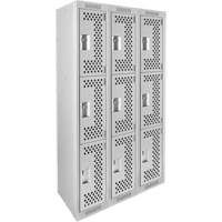 Clean Line Lockers, 3 -tier, Bank of 3, 36" x 12" x 72", Steel, Grey, Rivet (Assembled), Perforated Pathway Supply LP